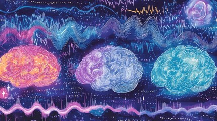 Poster - An illustration of brain waves in different patterns for states like relaxation, concentration, and sleep.