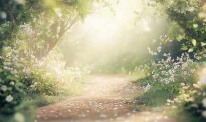 Wall Mural - Beautiful summer forest path with sunlight and flowers. Sunny day in the park. Natural background for your design