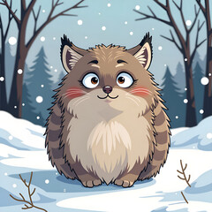 Canvas Print - Charming cartoon creature happily sitting in a snowy landscape with soft falling snowflakes and pine trees in the background, digital art of character design concept.