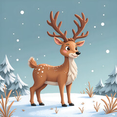 Wall Mural - charming cartoon deer in a snowy landscape with evergreen trees and gentle snowfall, digital illustr