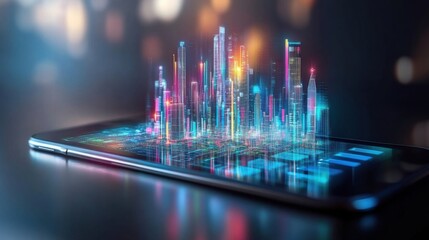 Poster - Futuristic Smartphone Displaying Digital Cityscape with Neon Lights