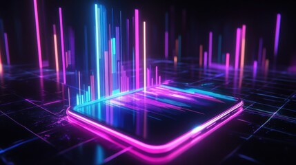 Poster - Futuristic Smartphone with Vibrant Neon Light and Digital Waves