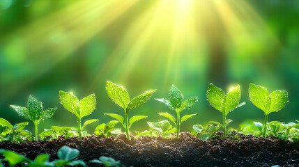 Wall Mural - Five young plants growing in soil, sunlight.