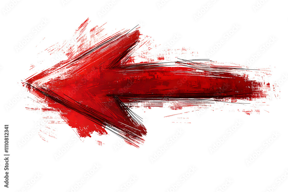 Red Arrow: A bold, hand-painted red arrow points left, its vibrant hue ...