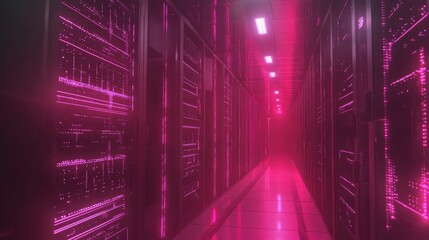 Wall Mural - A Futuristic Pink Server Room, Glowing with Data