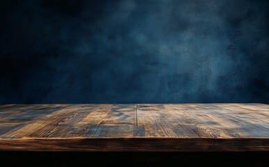 A cozy kitchen with soft lighting and a blue backdrop during the evening features a warm wooden table