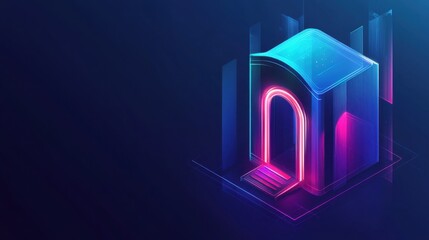 Poster - Neon Lit Futuristic House with Glowing Archway and Abstract Design