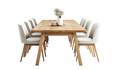 Poster - Modern wooden dining table with white chairs, elegant design, minimalistic style, perfect for gatherings, bright background, floral centerpiece, isolated on transparent background, png