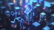 © Da - Background Featuring a Cyberpunk-Style Miniature City Model with Ascending Holographic Arrows, Illustrating the Concept of Real Estate Asset Investment Growth and Digital Advancement, Enhanced by AI-