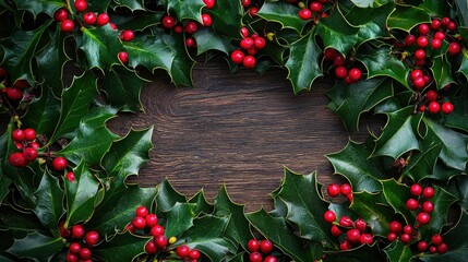 Poster - Happy Holidays text framed with holly leaves and berries 