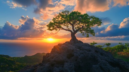 Wall Mural - Solitary Tree Atop Rocky Cliff At Sunrise Over Ocean