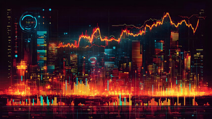 Poster - Futuristic city skyline with vibrant data visualization overlay.