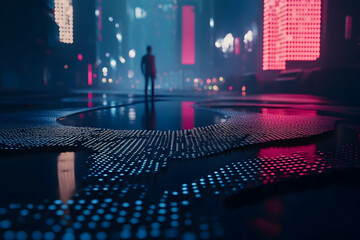 Poster - Futuristic city street at night, person standing in reflective puddle.
