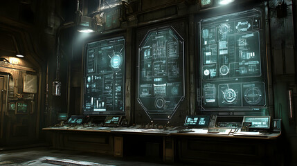 Poster - Futuristic control room with multiple screens displaying data and schematics.