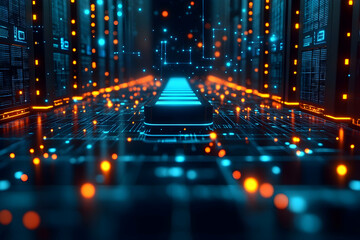 Poster - Futuristic data center server room with glowing pathways.