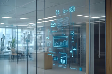 Poster - Futuristic digital data visualized on glass partition in modern office.