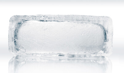 Wall Mural - Natural textured ice block with internal cavity isolated on a white background with reflection.