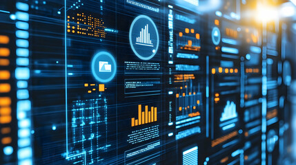 Poster - Futuristic digital interface with graphs, charts, and data visualization.