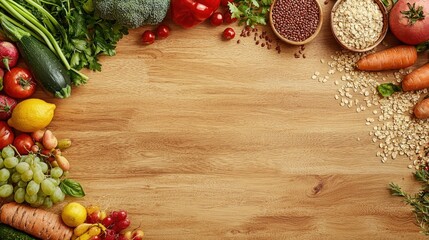 Poster - A top view of fresh fruits, vegetables, and grains spread across a wooden table as a healthy food background. 