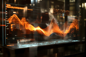 Poster - Futuristic holographic display showing data visualization, dynamic orange wave graph.