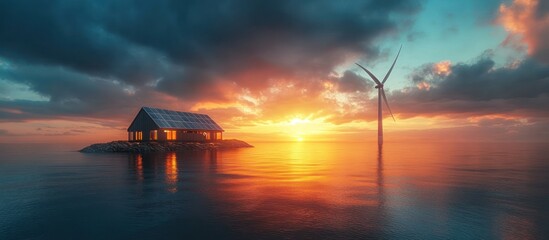 Wall Mural - A small house on a rocky island with a windmill in the ocean at sunset.