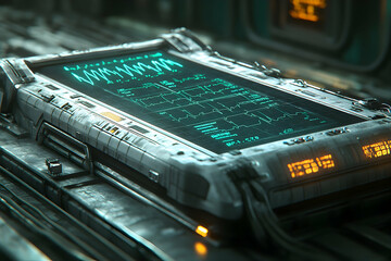 Poster - Futuristic medical device displaying vital signs on its screen.