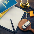 © Esta Webster - bureau avec documents et papier libre, stylo et petite voiture. loi et passage de permis en ia