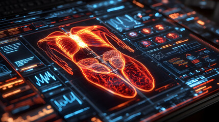 Poster - Futuristic medical interface showing a glowing human body scan with vital signs.