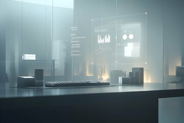 Poster - Futuristic office desk with holographic display showing data charts and graphs.