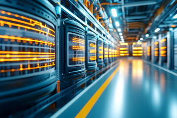 Poster - Futuristic server room interior with glowing data displays and metallic infrastructure.