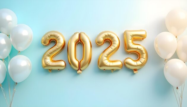 Gold metallic balloons forming the year 2025 on a light blue background