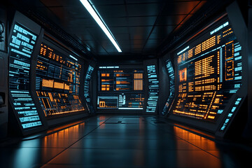 Poster - Futuristic spaceship interior with glowing digital displays and control panels.