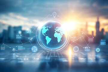 Poster - Global network connection, futuristic city skyline, digital earth.