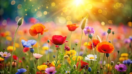 Wall Mural - Vibrant Wildflowers and Poppies in a Vertical Spring Background with Bokeh Effect for a Lush Natural Scene