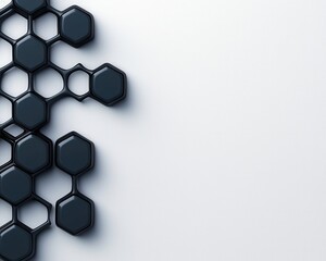 Poster - A modern abstract design featuring black hexagonal shapes arranged on a light background, creating a sleek, geometric composition.