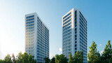 Modern skyscrapers against a clear blue sky surrounded by lush green trees, showcasing urban design and nature.