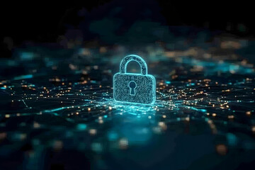 Poster - Glowing digital padlock on network.