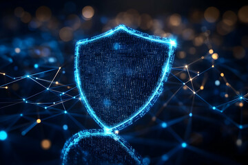 Poster - Glowing digital shield, cybersecurity concept.