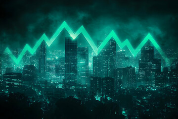 Poster - Glowing green graph over cityscape at night.