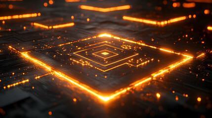 Poster - Glowing orange circuit board with central processor.