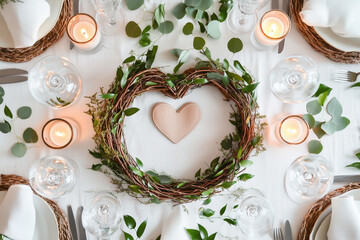 Wall Mural - Overhead view of a table setting featuring a heart wreath centerpiece surrounded by delicate candles and greenery, vibrant and inviting composition