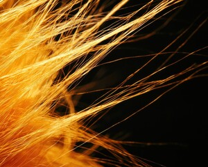Poster - A close-up view of vibrant orange hair strands against a dark background, showcasing texture and color in striking detail.
