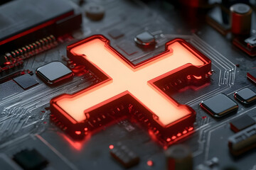 Poster - Glowing red cross symbol on a circuit board.