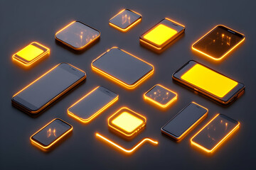 Poster - Glowing smartphones scattered on dark surface.