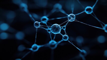 Aufkleber - A close-up view of interconnected blue spheres representing molecules or cells, set against a dark background, illustrating a scientific theme.