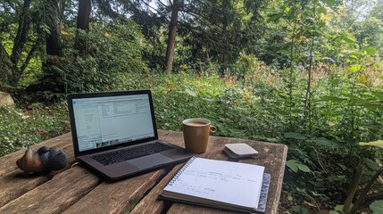 Poster - An outdoor work setup with a laptop, coffee, and notebooks, surrounded by nature, showing how a fresh environment can inspire joy and creativity in work