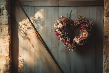 Wall Mural - Artistic shot of a rustic heart wreath made from twigs and flowers, hanging on a barn door as part of a wedding backdrop, warm natural lighting