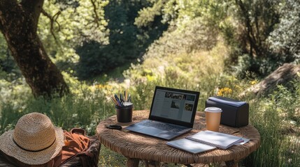 Poster - An outdoor work setup with a laptop, coffee, and notebooks, surrounded by nature, showing how a fresh environment can inspire joy and creativity in work