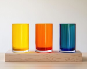 Aufkleber - Three vibrant glass tumblers in yellow, orange, and blue are arranged on a wooden base, showcasing a modern and colorful aesthetic.