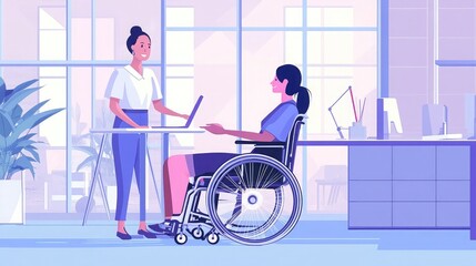 Poster - A supportive coworker assisting a colleague in a wheelchair at the office